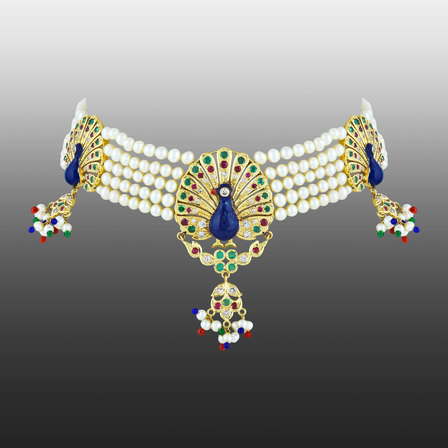 Peacock Enamel Pearl Choker with Gemstones & Bead Drops